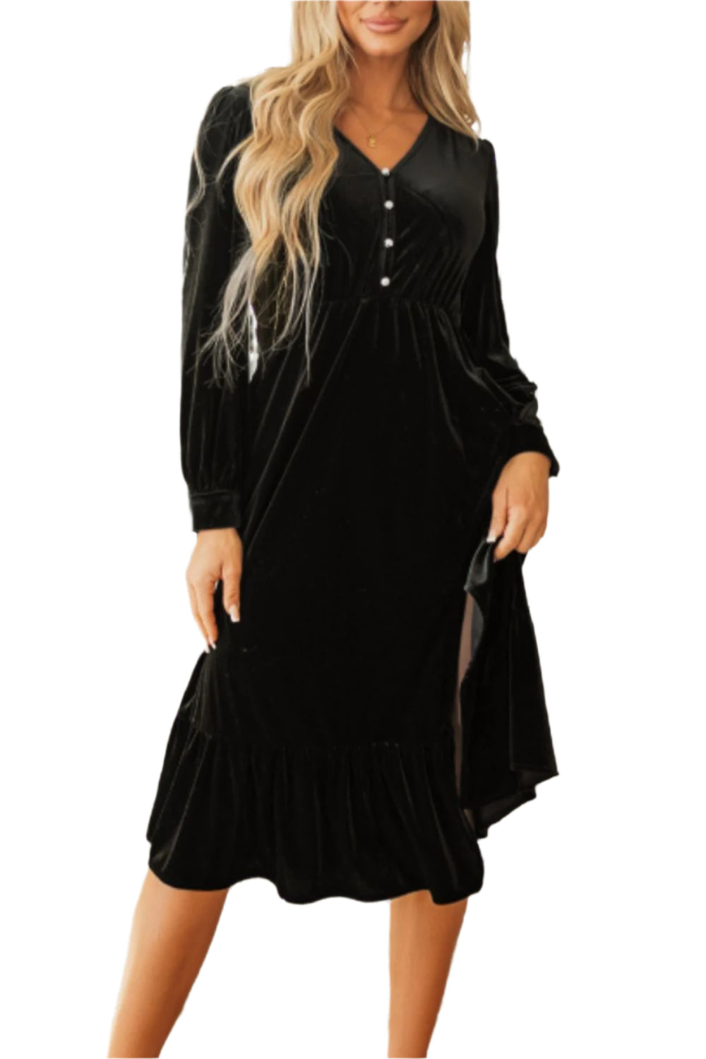 Ruffle Hem Slit V-Neck Long Sleeve Dress