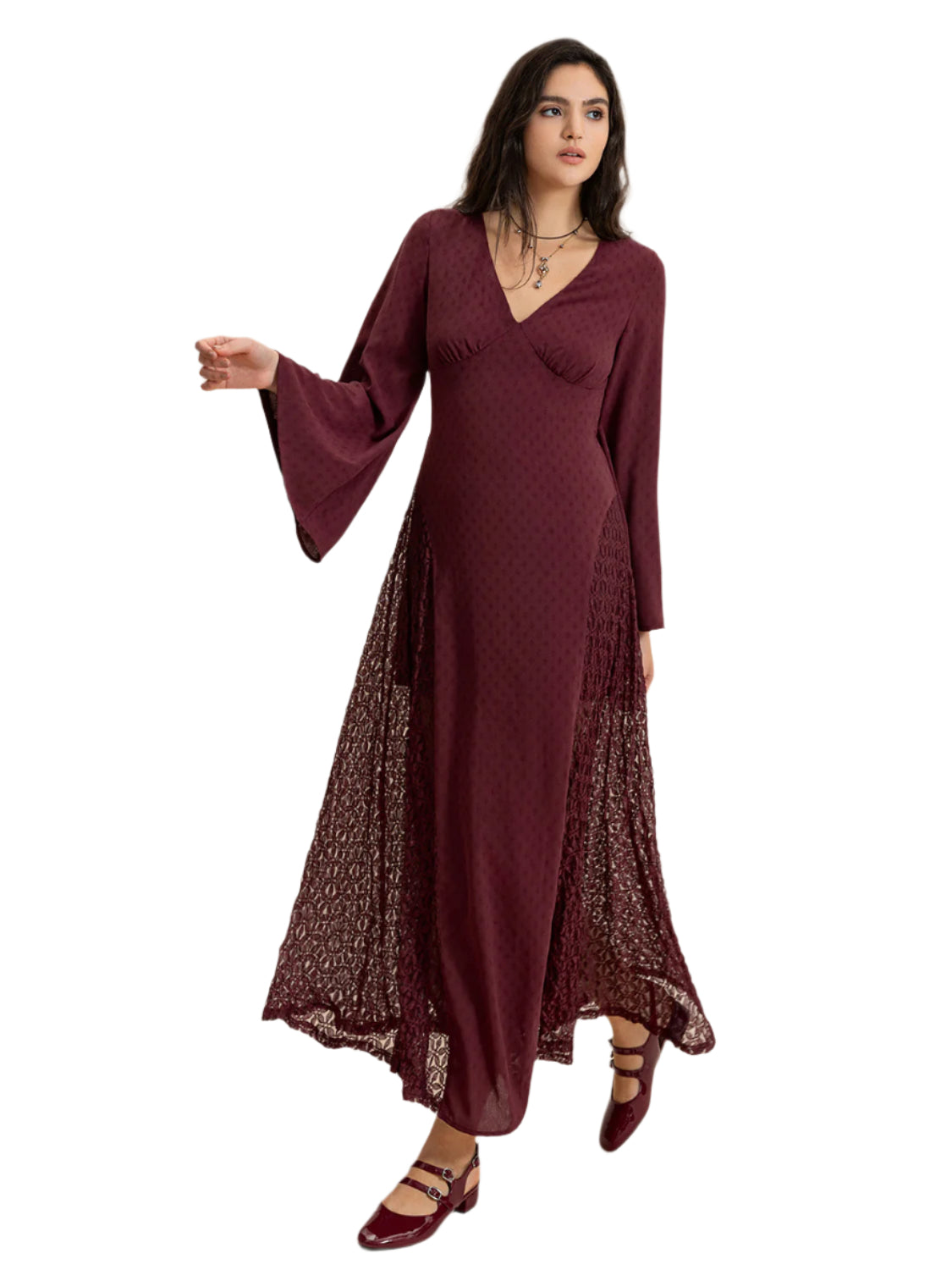 Lace Patchwork V-Neck Long Sleeve Midi Dress