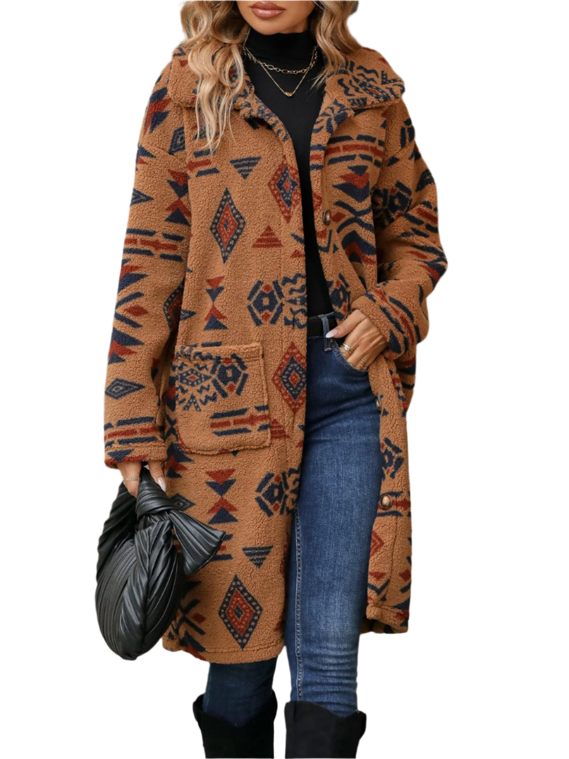Geometric Pocketed Dropped Shoulder Coat