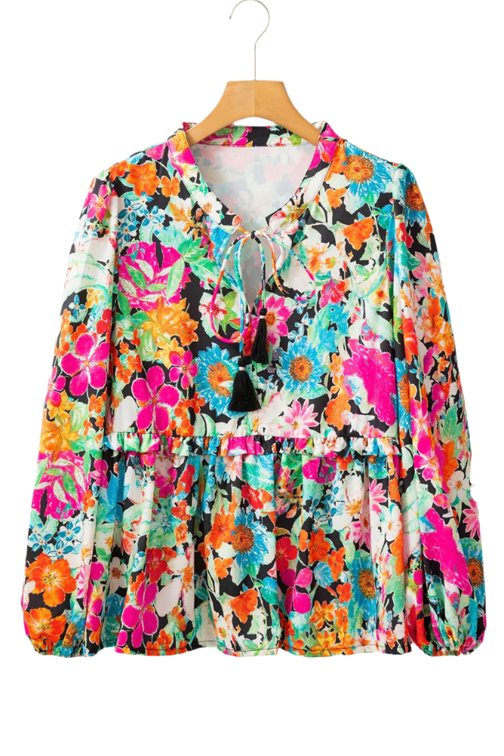 Floral Tie Neck Balloon Sleeve Blouse