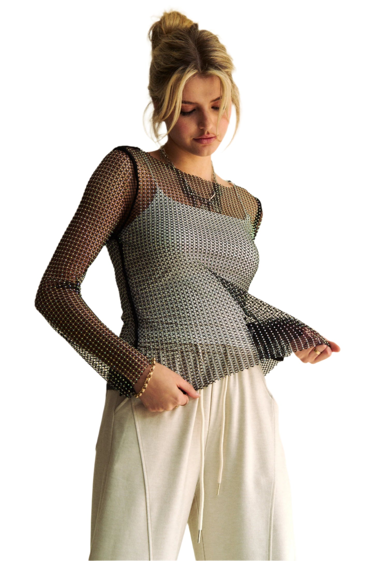 Davi & Dani Sparkling Rhinestone Sheer Mesh Round Neck Top