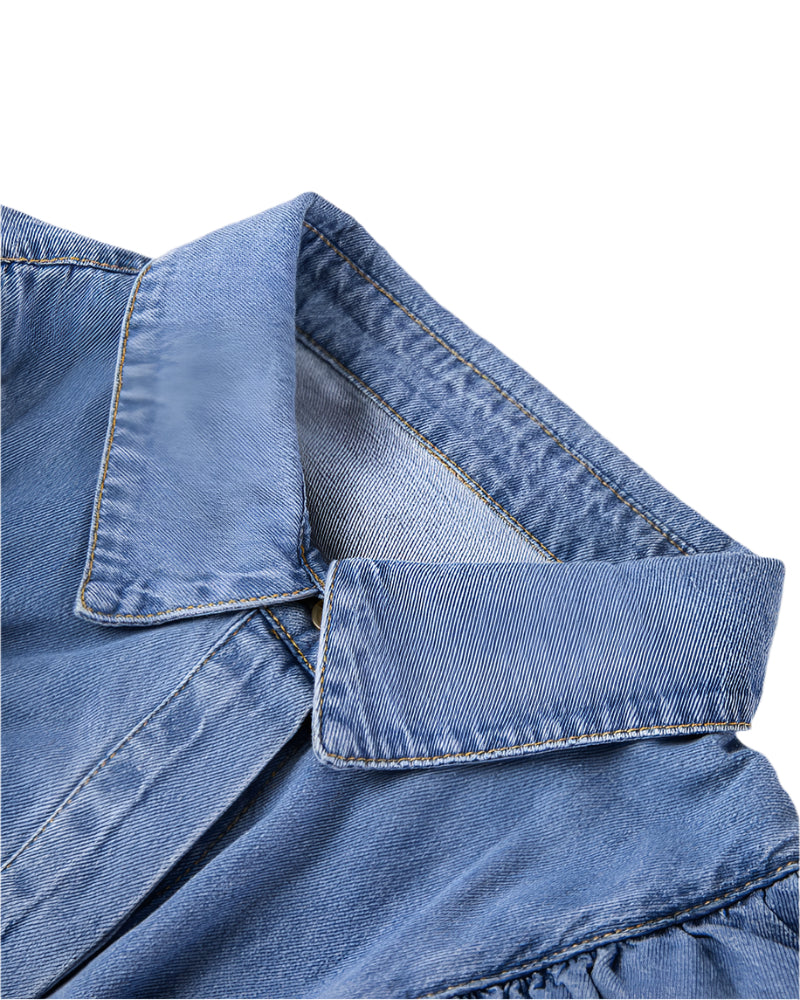 Ruffled Collared Neck Long Sleeve Denim Top
