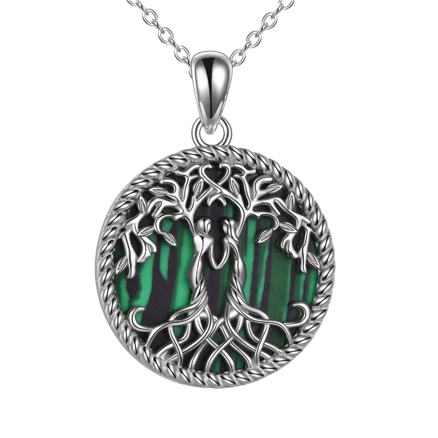 Ask and Embla in Yggdrasil Pendant 925 Sterling Silver Necklace with Malachite or Moonstone Crystal