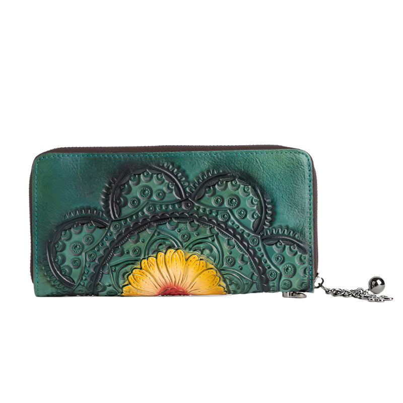 Floral Motif Cowhide Leather Wallet with Built-in Strap