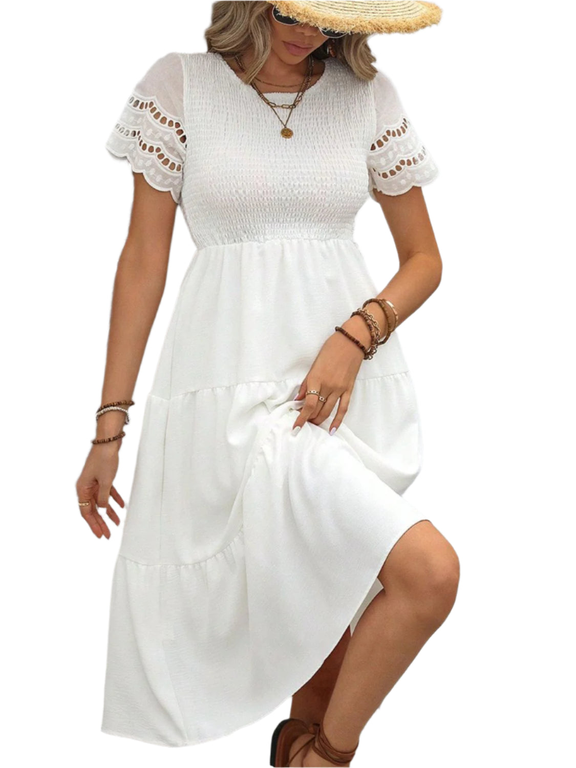 Smocked Round Neck Short Sleeve Dress