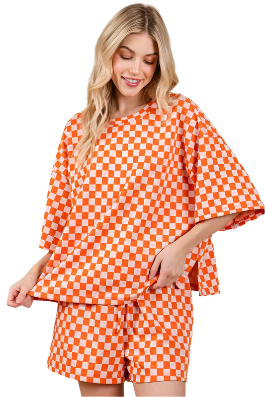 Ces Femme Checkered Round Neck Top and Shorts Set