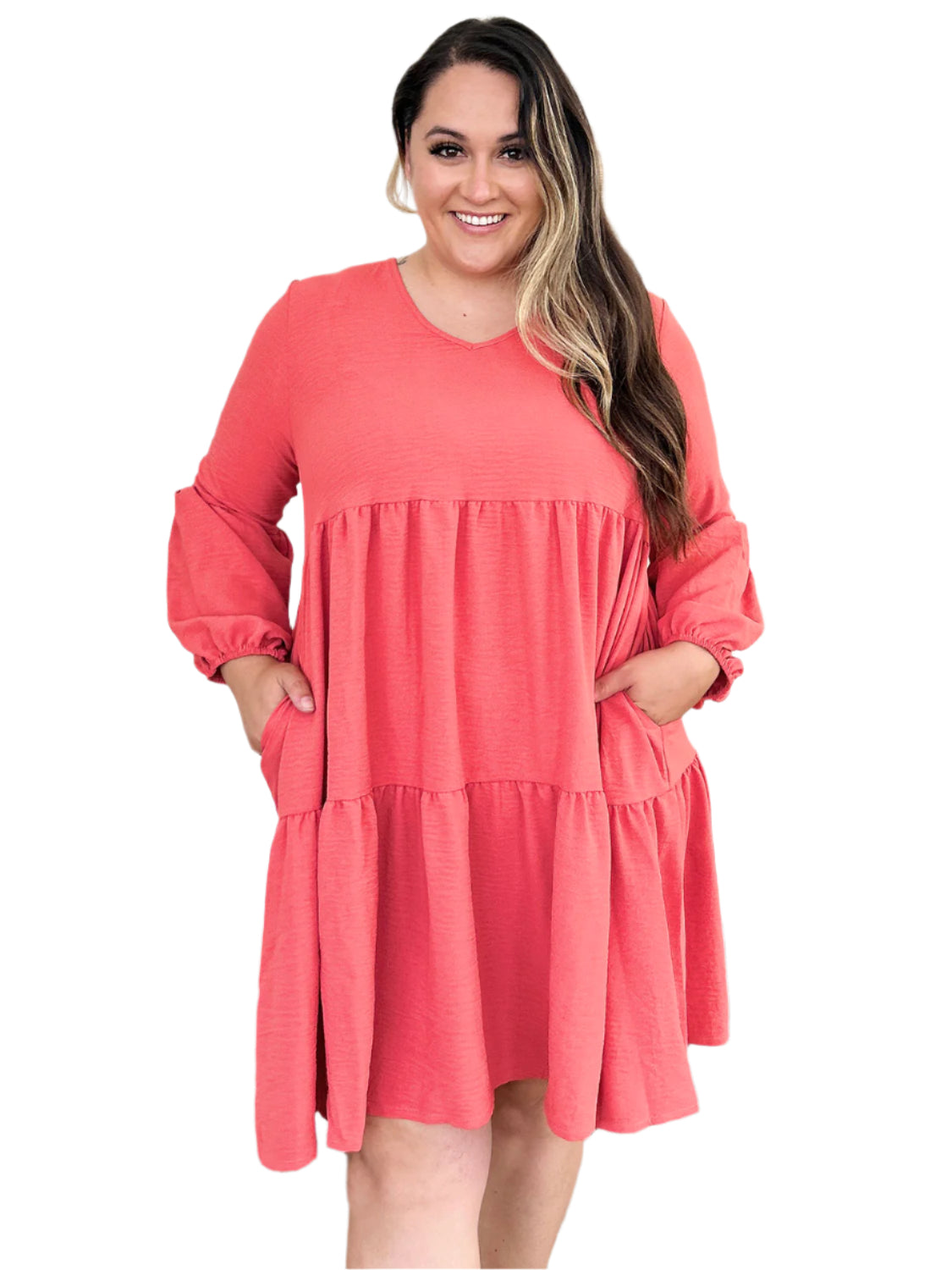 Double Take Full Size V-Neck Balloon Sleeve Tiered Dress with Pockets