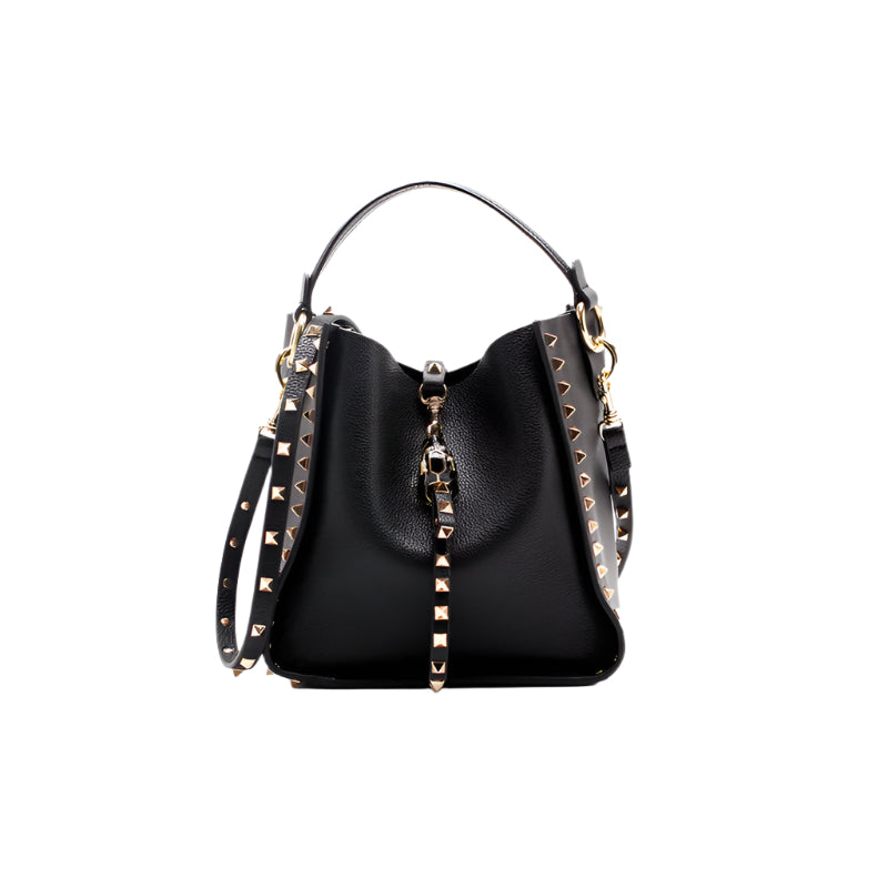 Soft Cowhide Leather Studded Bucket Style Handbag