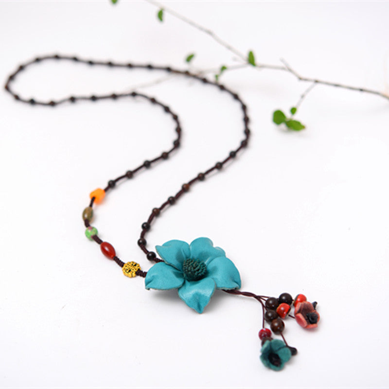 Sweater Beaded Chain Cowhide Leather Flower Pendant Necklace