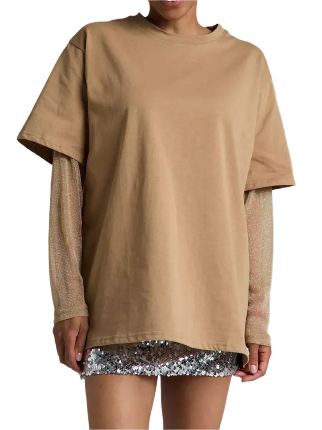 Faux Layered Round Neck Mesh Sleeve Top