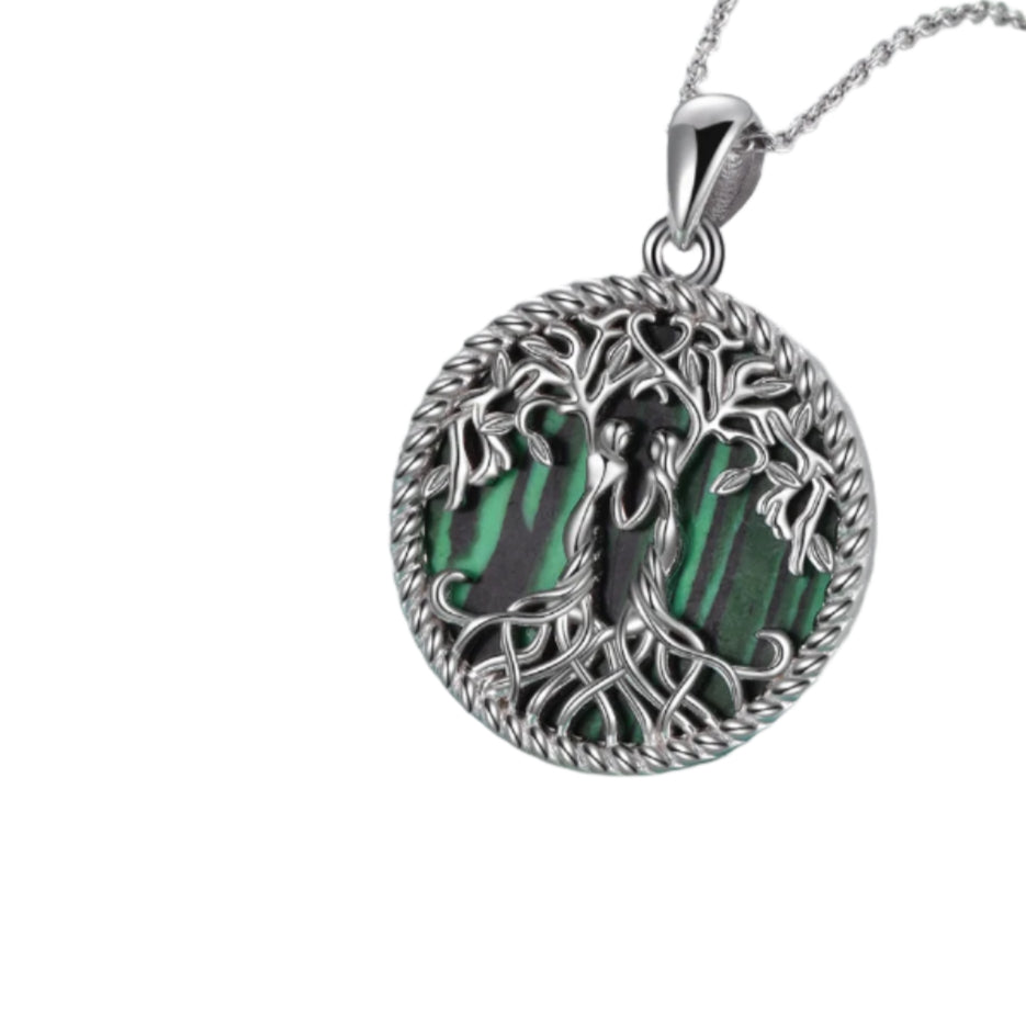 Ask and Embla in Yggdrasil Pendant 925 Sterling Silver Necklace with Malachite or Moonstone Crystal