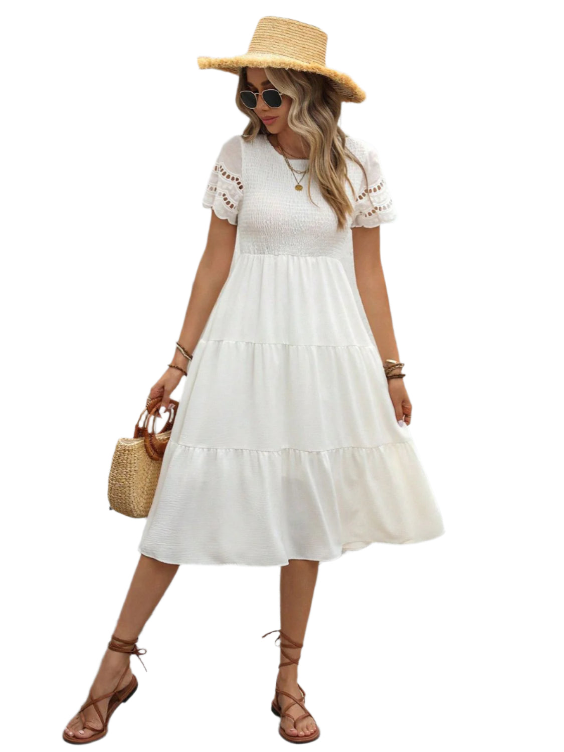 Smocked Round Neck Short Sleeve Dress