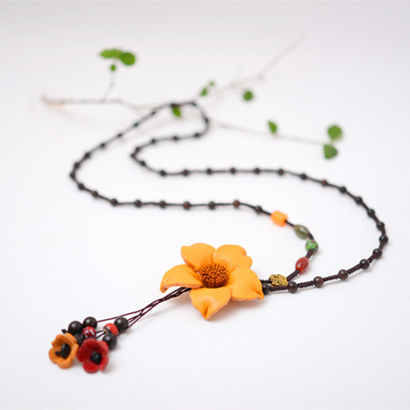Sweater Beaded Chain Cowhide Leather Flower Pendant Necklace