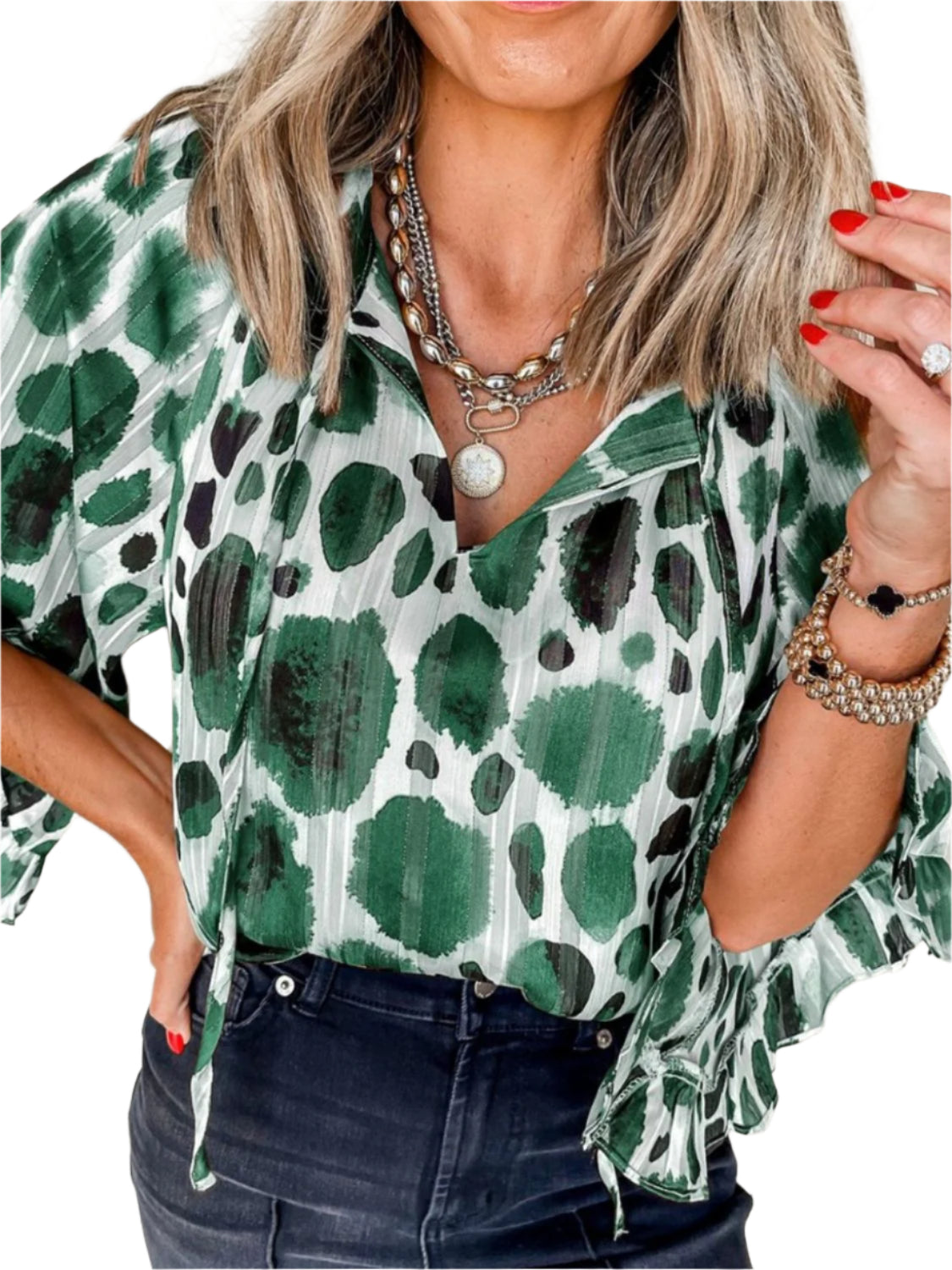 Printed Tie Neck Three-Quarter Sleeve Blouse
