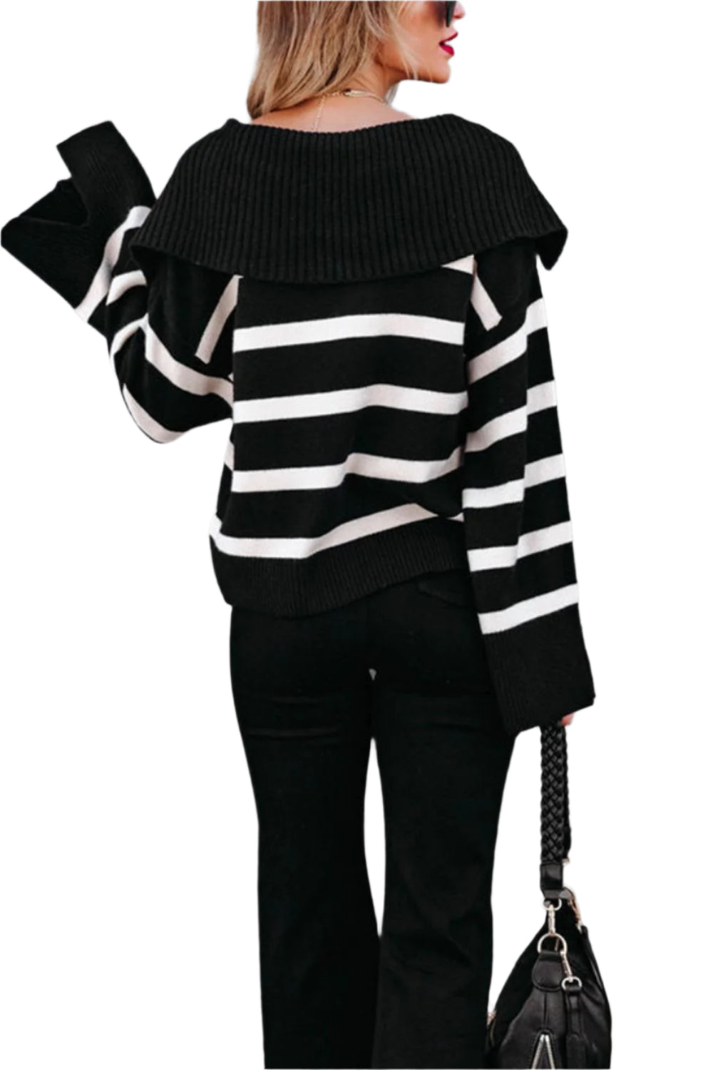 Striped Johnny Collar Long Sleeve Sweater