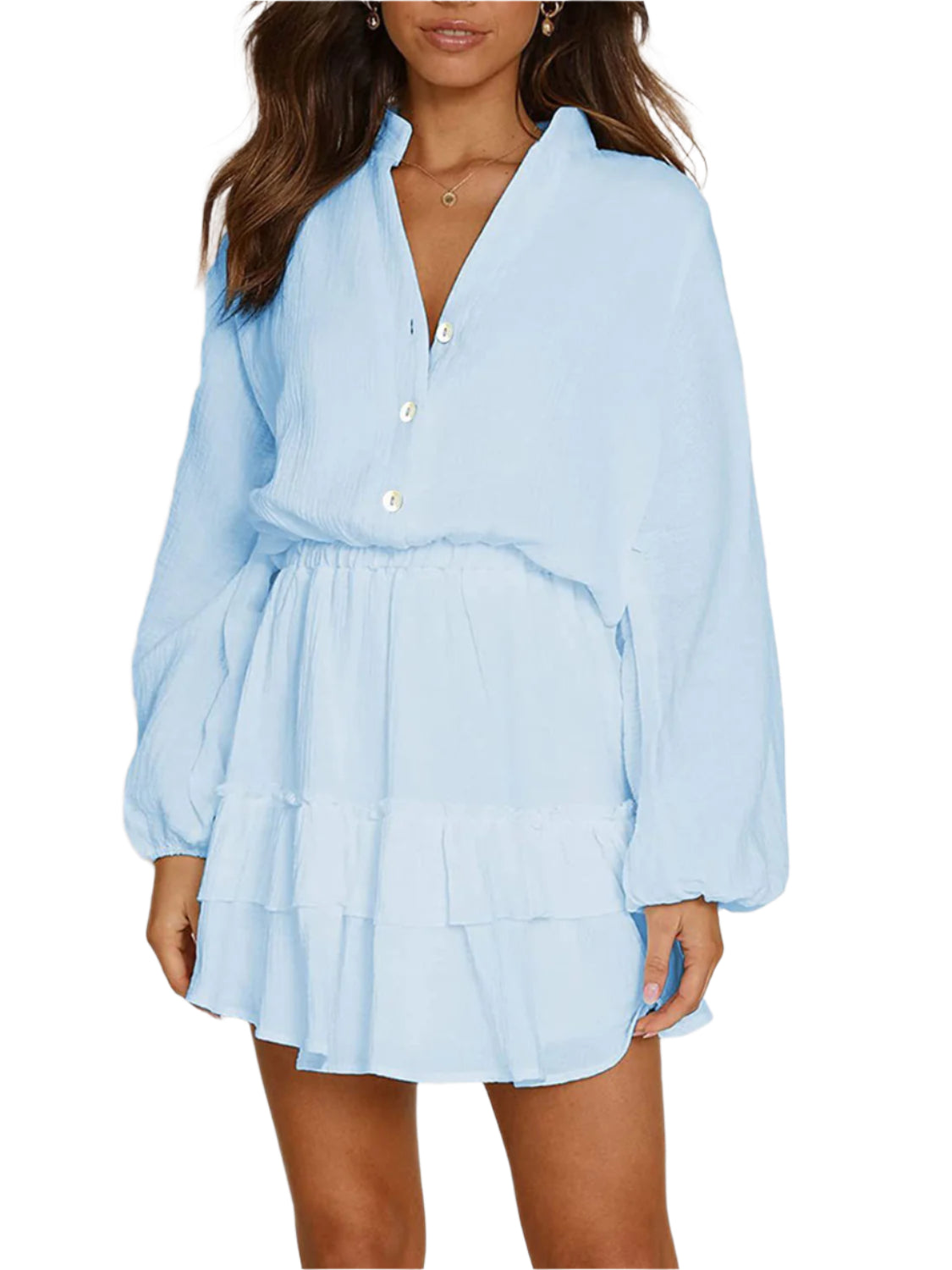 Ruffled Notched Balloon Sleeve Mini Dress