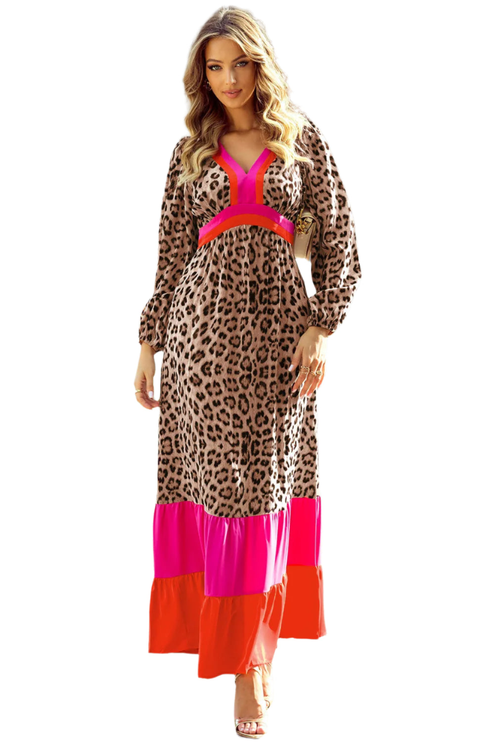 Leopard V-Neck Long Sleeve Maxi Dress