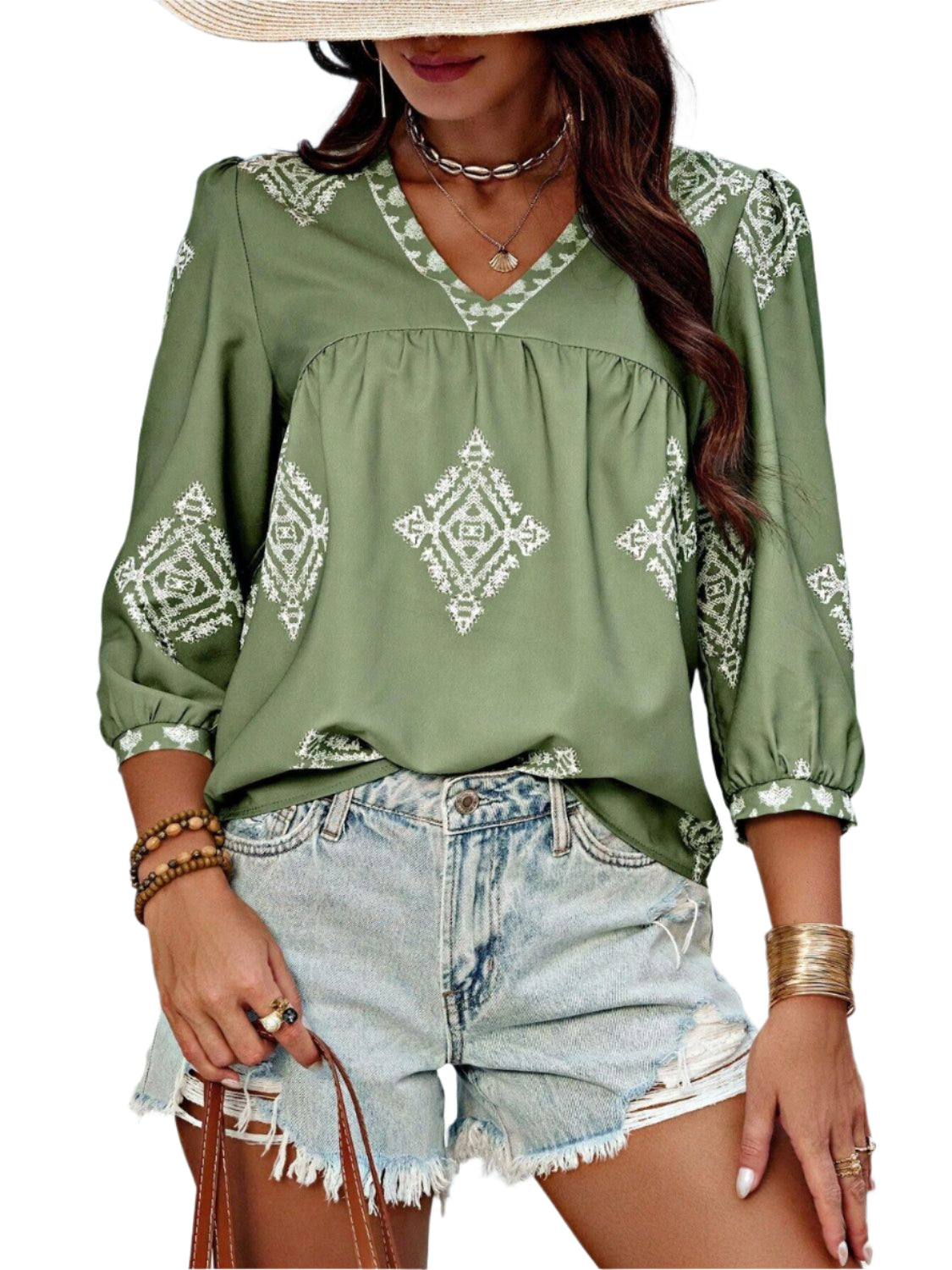 Printed V-Neck Three-Quarter Sleeve Blouse