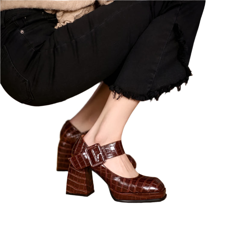 Embossed Cowhide Chunky Heel May Jane Shoes