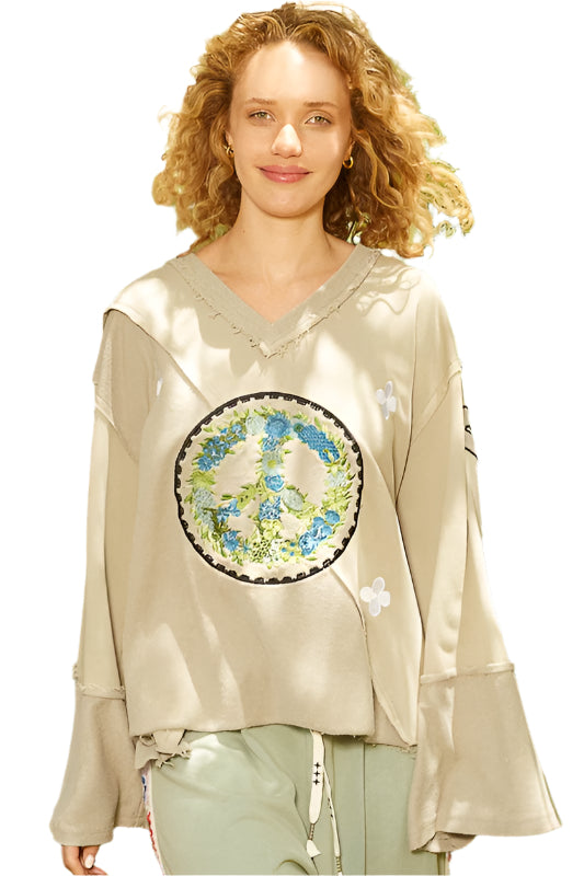 POL Peace Embroidered Exposed Seam Back Ruffle V-Neck Top