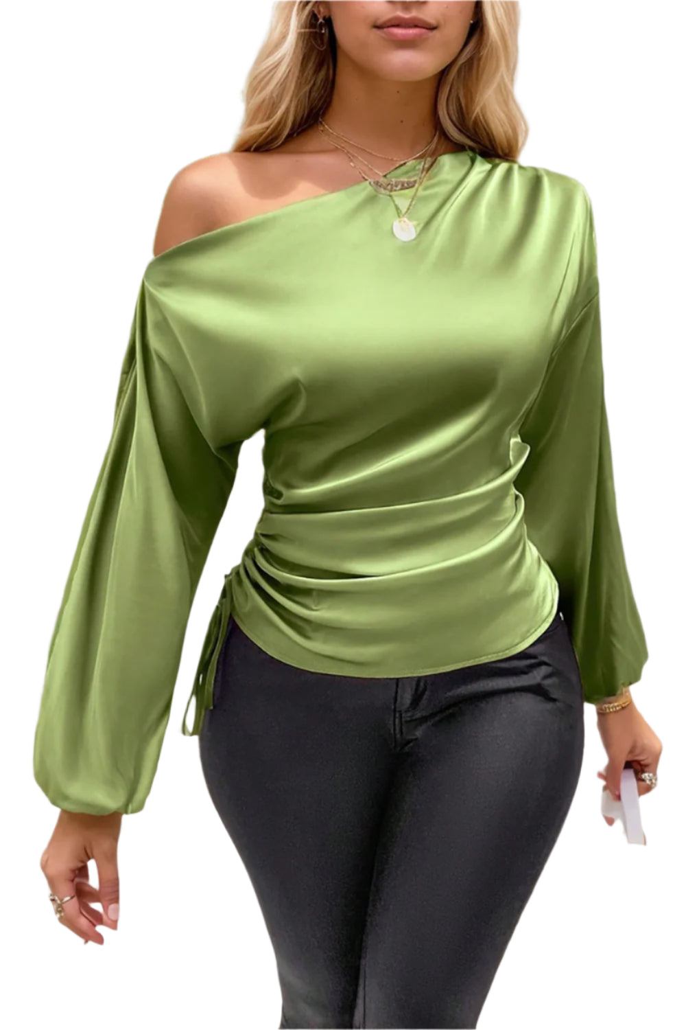 Drawstring One Shoulder Long Sleeve Blouse