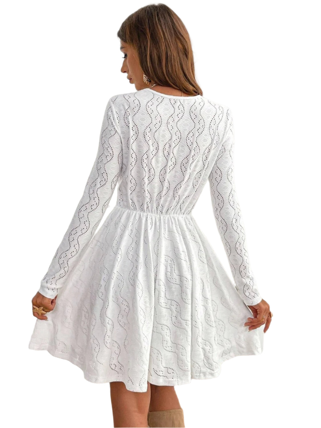 Lace Detail V Neck Long Sleeve Mini Dress