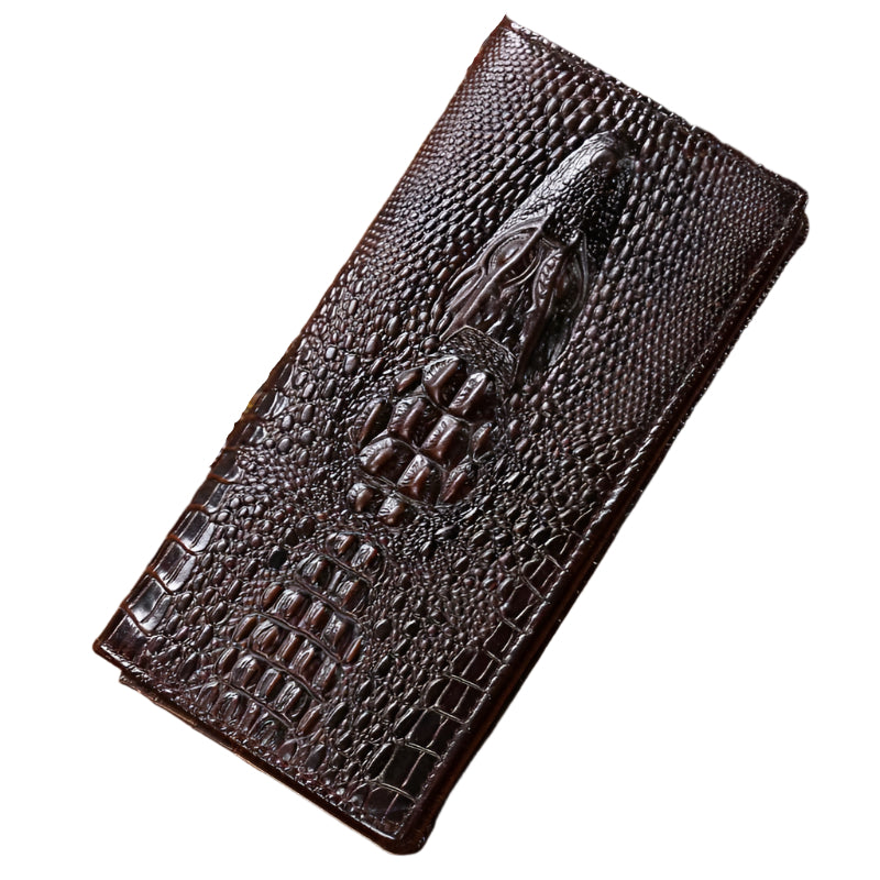Crocodile Embossed Cowhide Leather Wallet with Strap