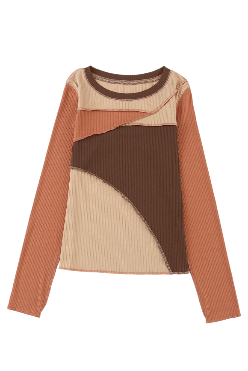 Exposed Seam Contrast Round Neck Long Sleeve T-Shirt
