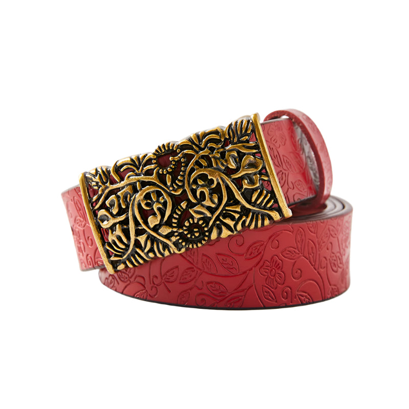 Cowhide Leather Belt with Floral Motif Buckle