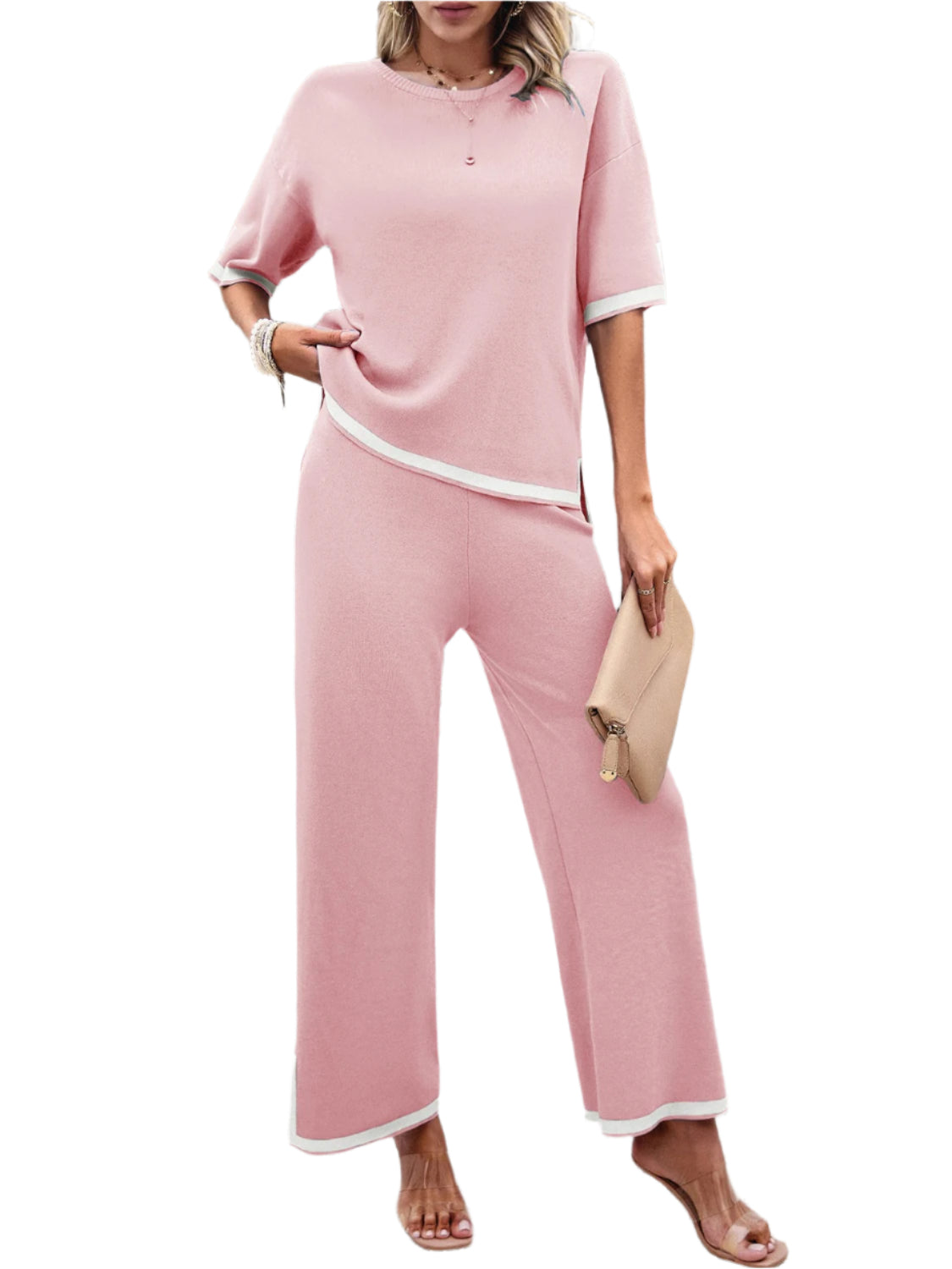 Devine Contrast Trim Round Neck Top and Pants Set