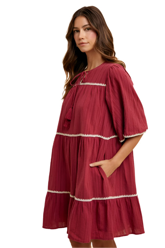 Annie Wear Tassel Contrast Trim Tie Neck Half Sleeve Tiered Dress