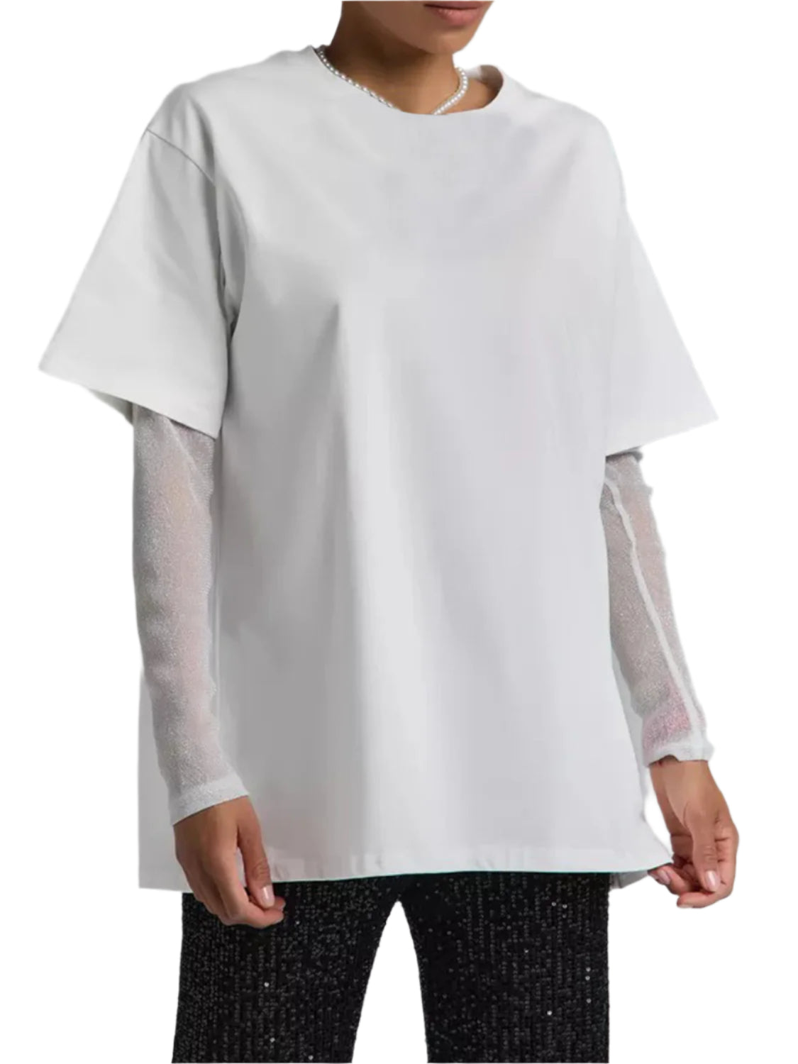 Faux Layered Round Neck Mesh Sleeve Top