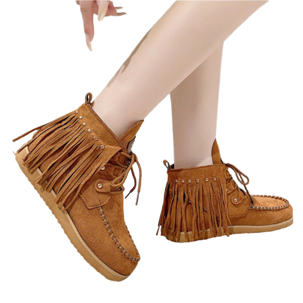 Fringe Studded Round Toe Canvas Boots