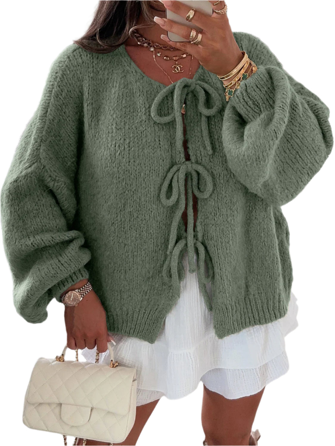 Tied Long Sleeve Dropped Shoulder Cardigan