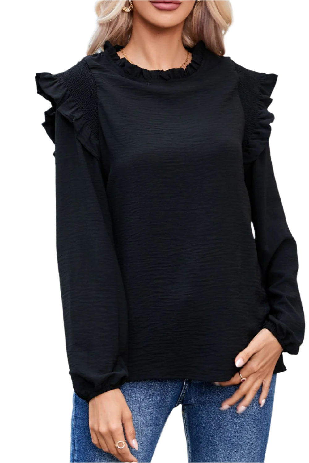 Frill Mock Neck Ruffled Balloon Sleeve Blouse