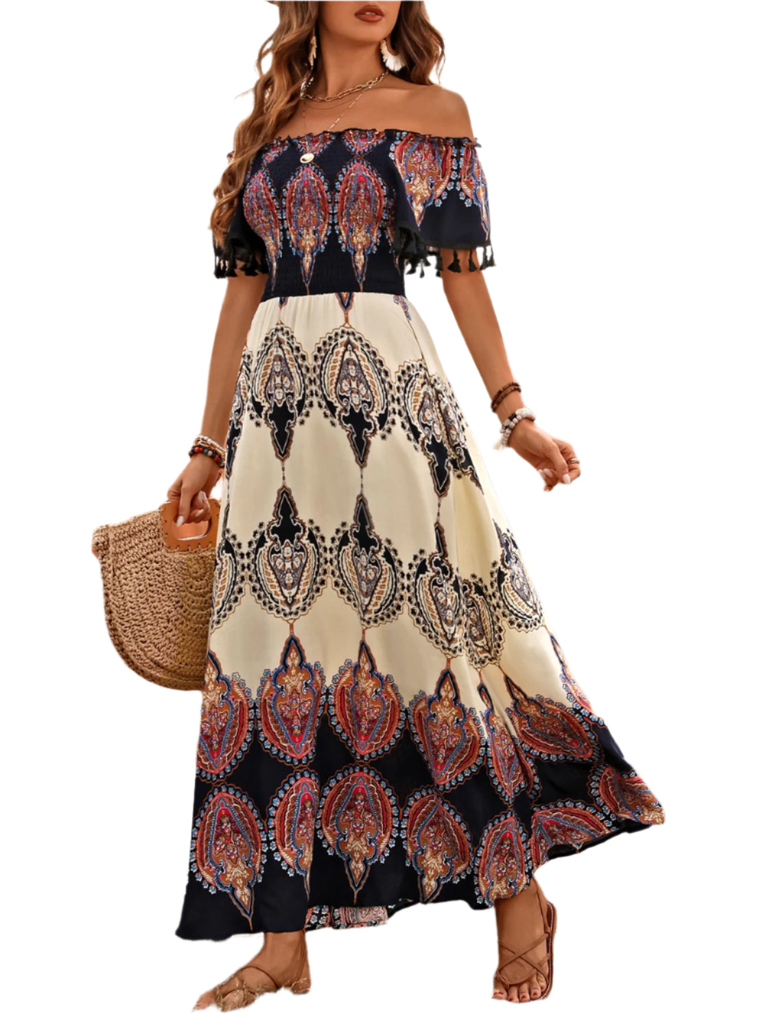 Honey Tassel Printed Off Shoulder Short Sleeve Dress