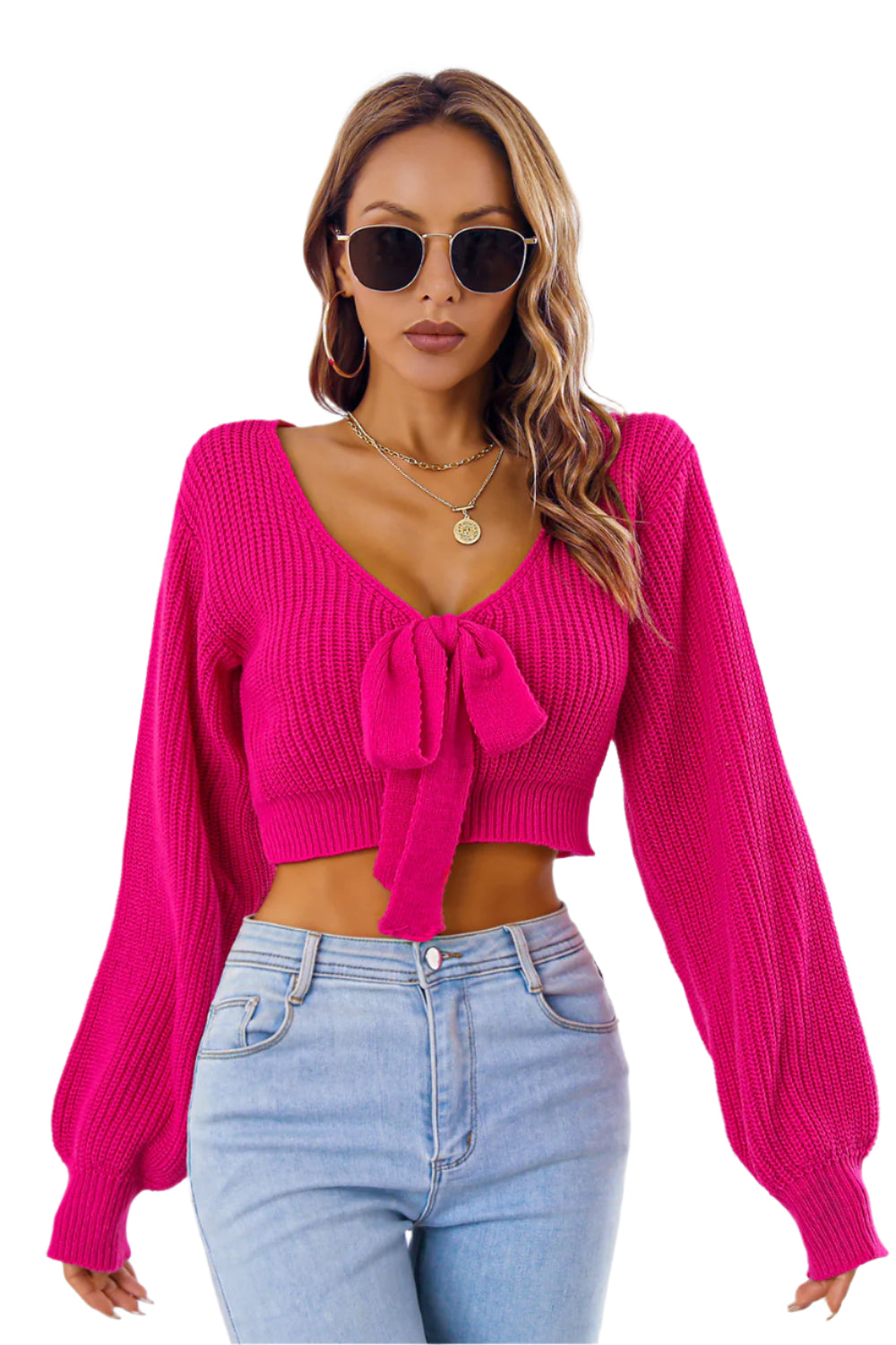 Bow V-Neck Long Sleeve Cropped Sweater