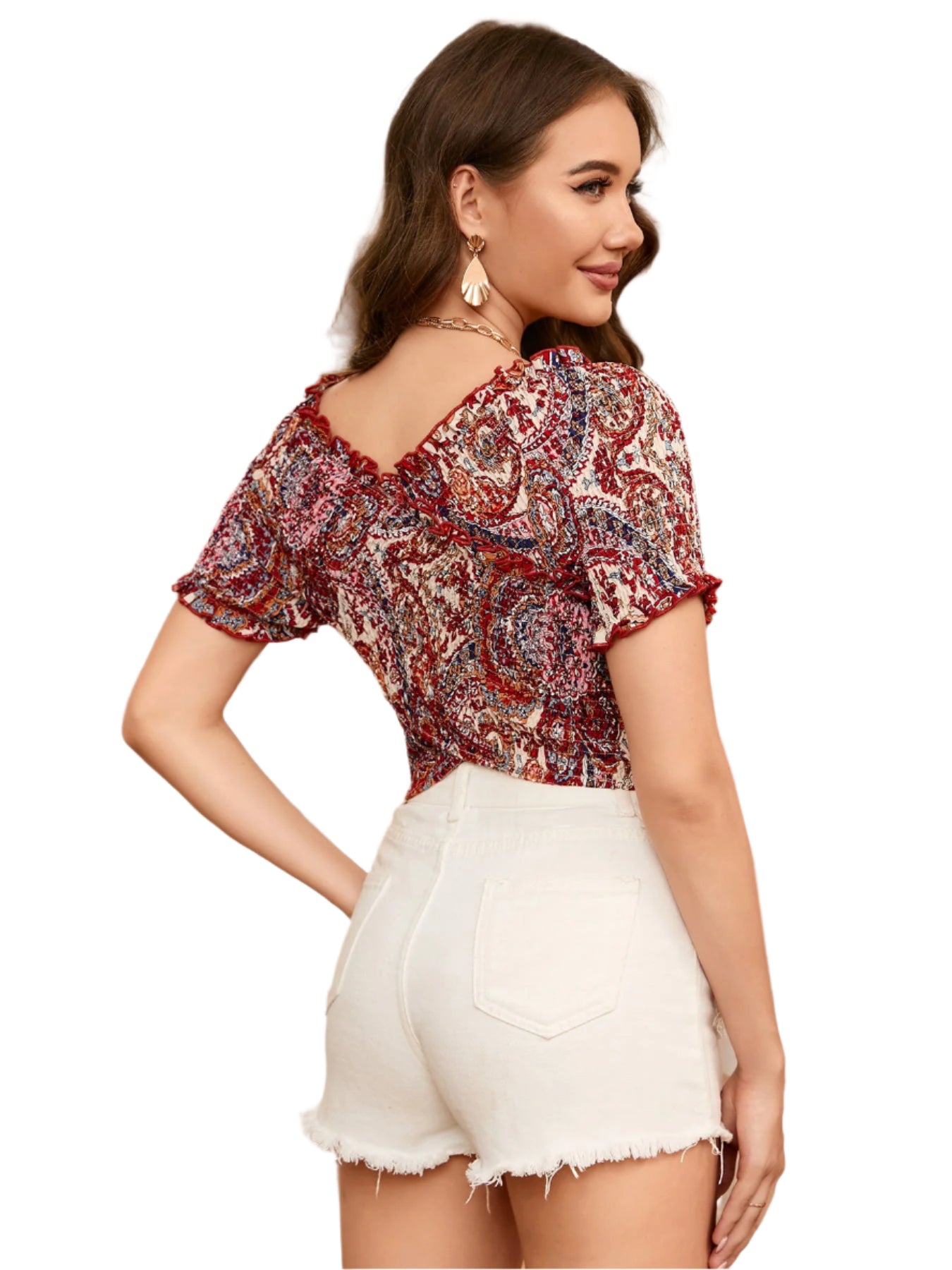Printed Crisscross Smocked Crop Top