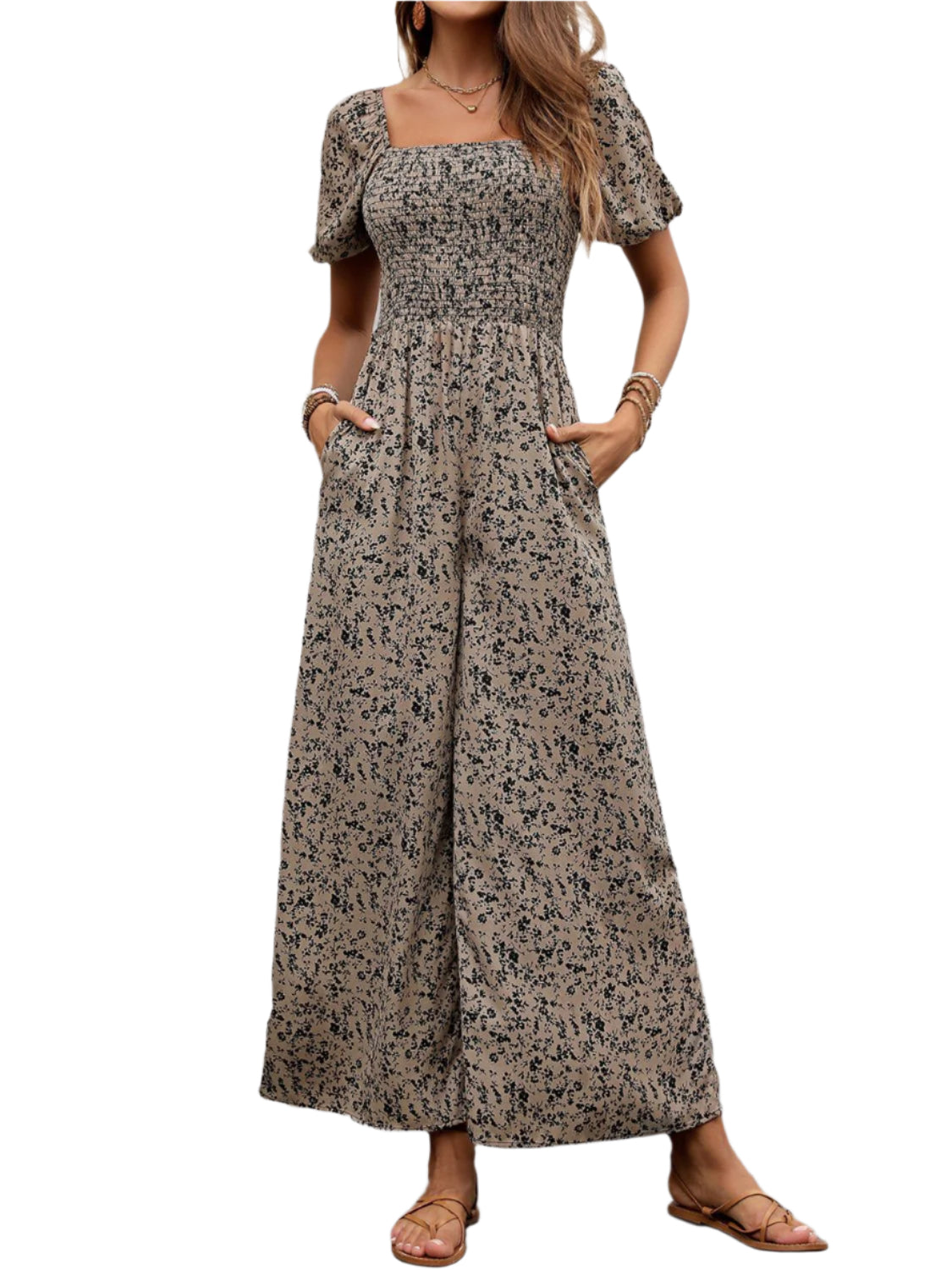 Perfee Smocked Printed Square Neck Puff Sleeve Jumpsuit