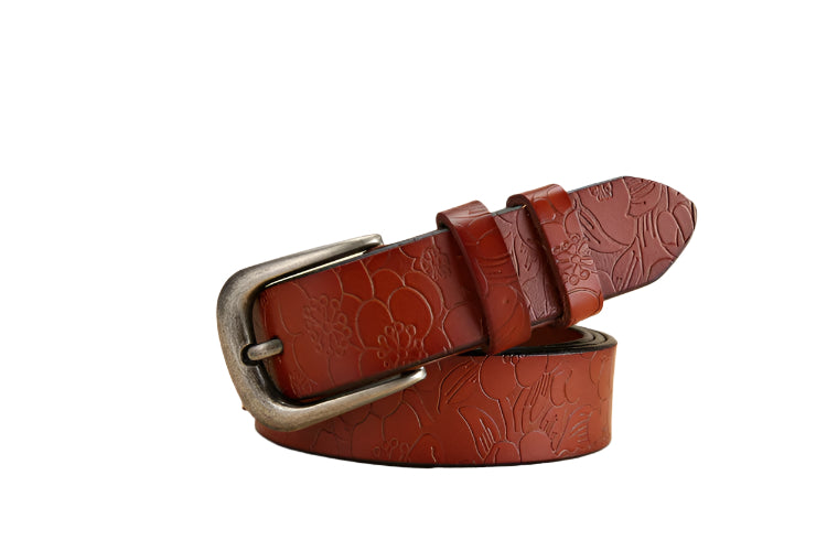 Floral Design Embossed Cowhide Leather Belt