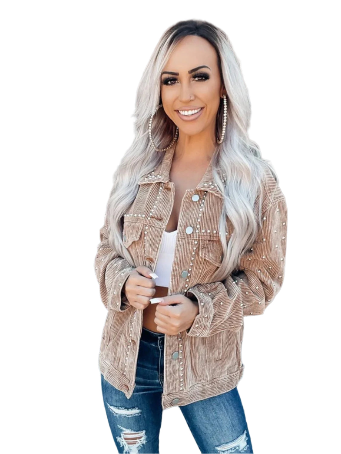 Studded Collared Neck Button Down Jacket