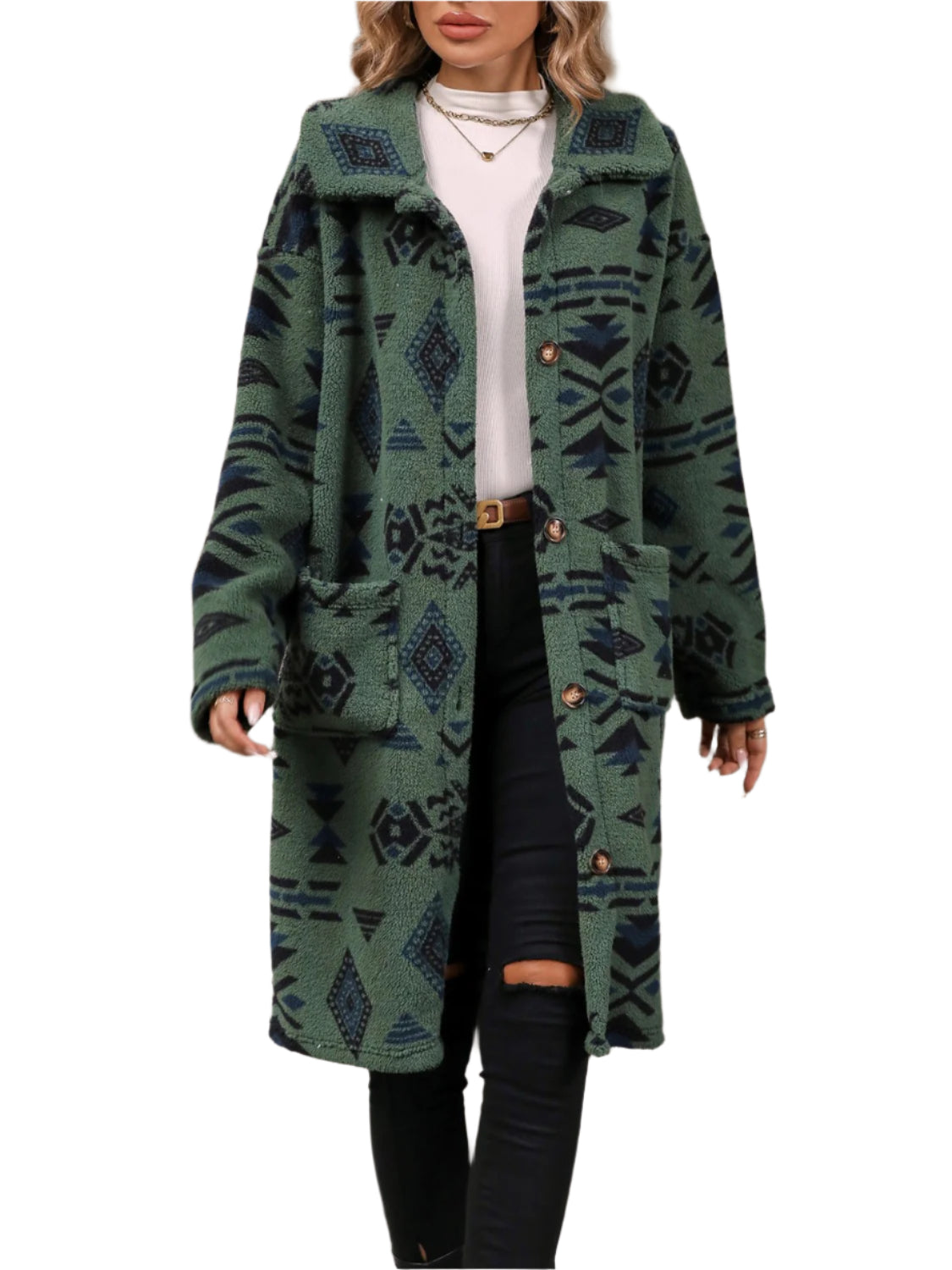 Geometric Pocketed Dropped Shoulder Coat