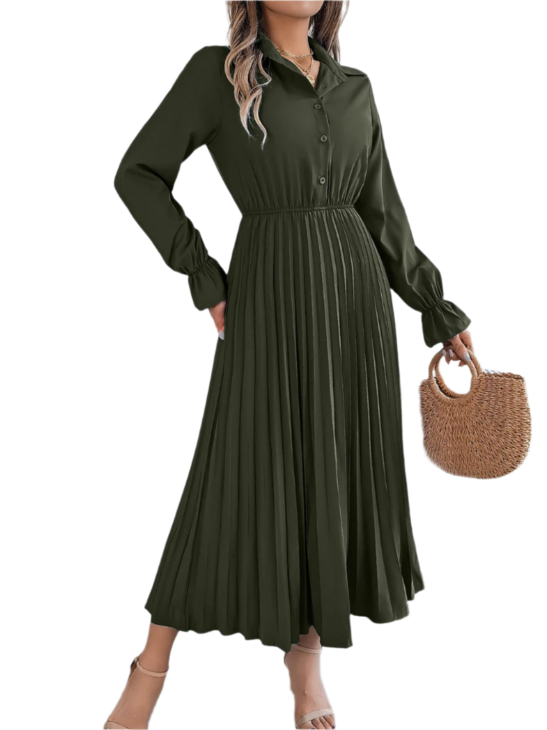 Pleated Half Button Long Sleeve Midi Dress