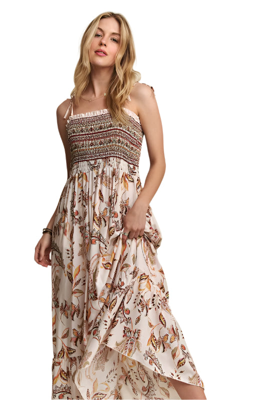 ADORA Smocked Printed Square Neck Tie Shoulder Cami Dress