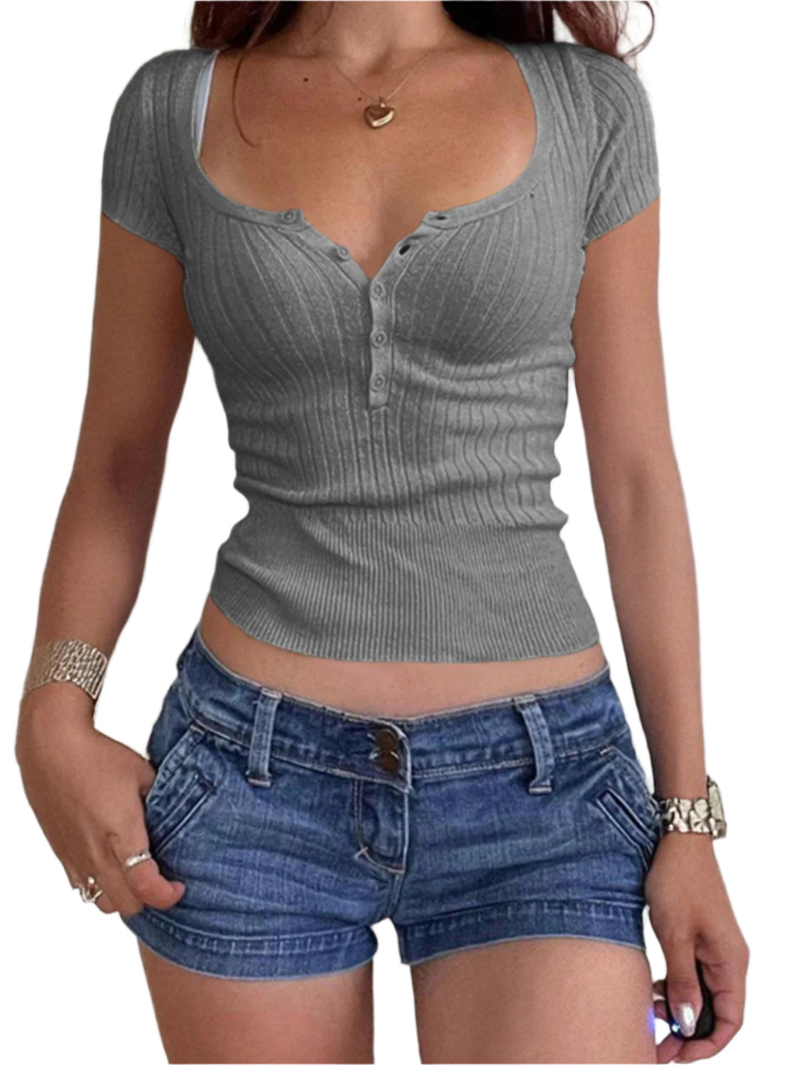Half Button Scoop Neck Short Sleeve Knit Top