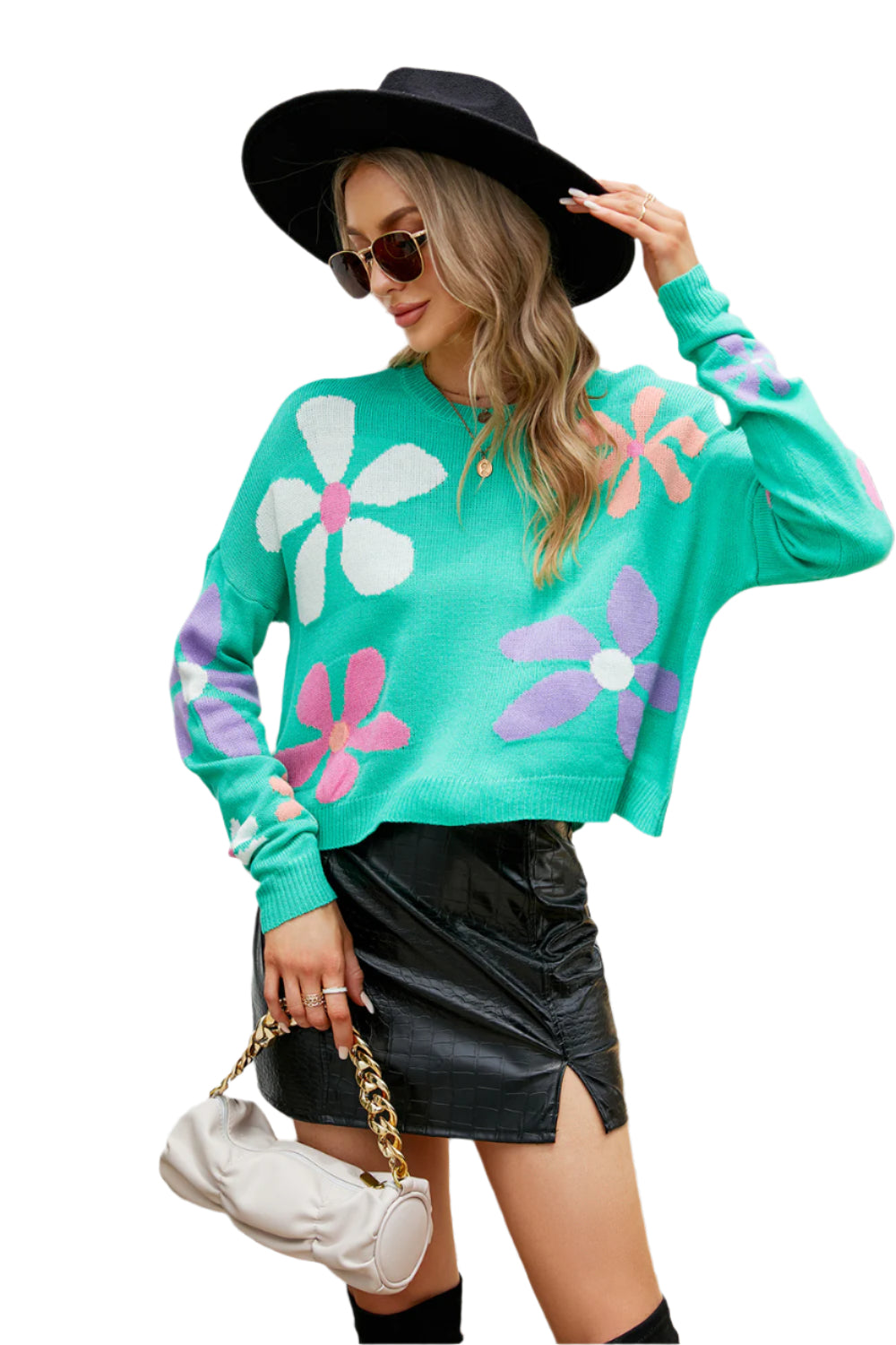 Flower Round Neck Drop Shoulder Sweater