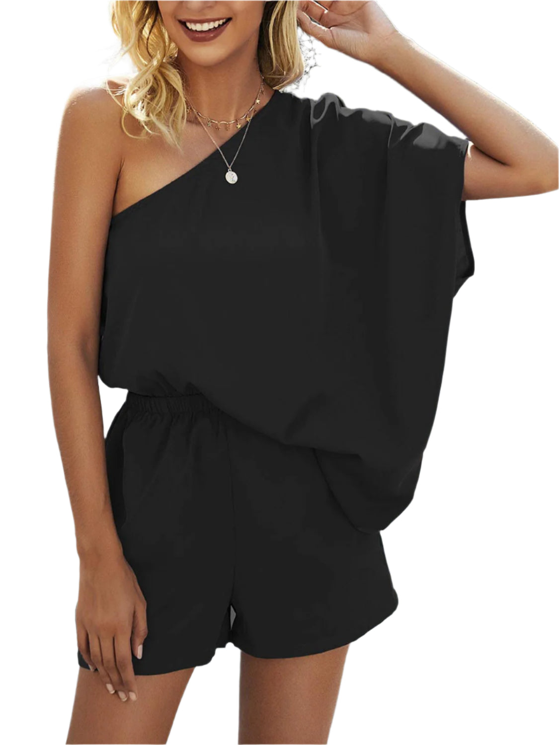 Single Shoulder Batwing Sleeve Romper