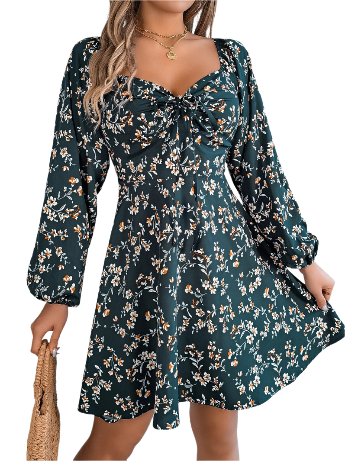 Printed Sweetheart Neck Balloon Sleeve Mini Dress