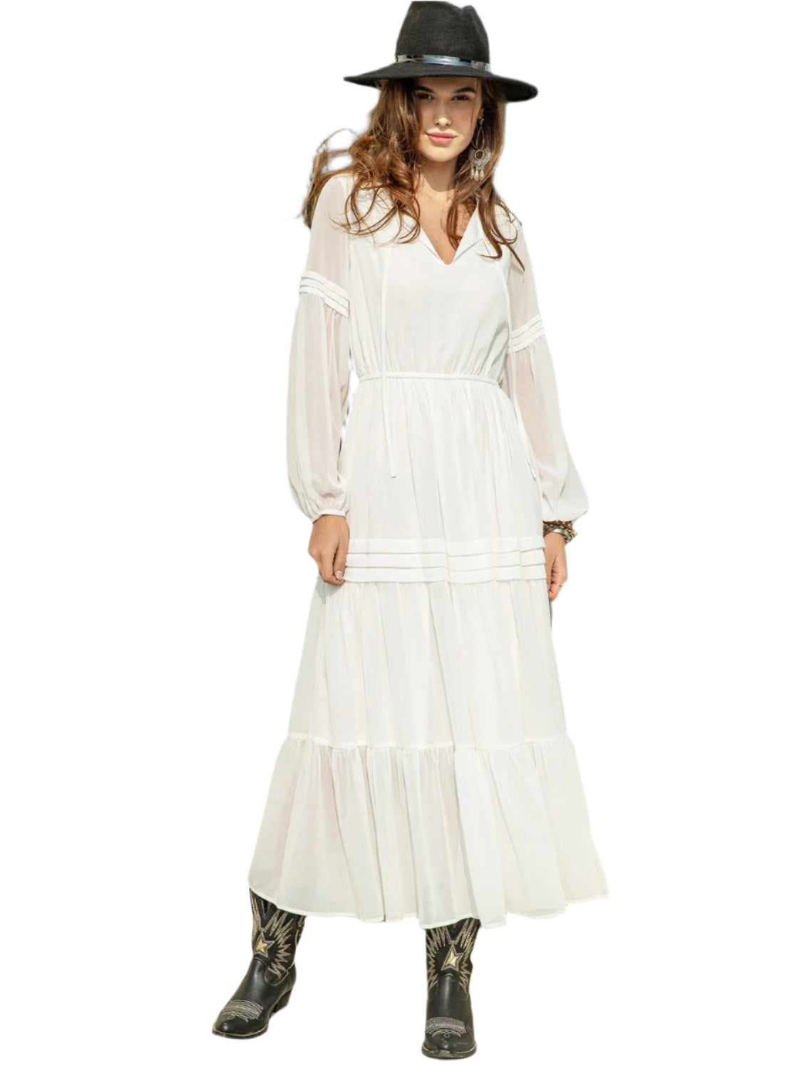 Tie Neck Long Sleeve Midi Tiered Dress