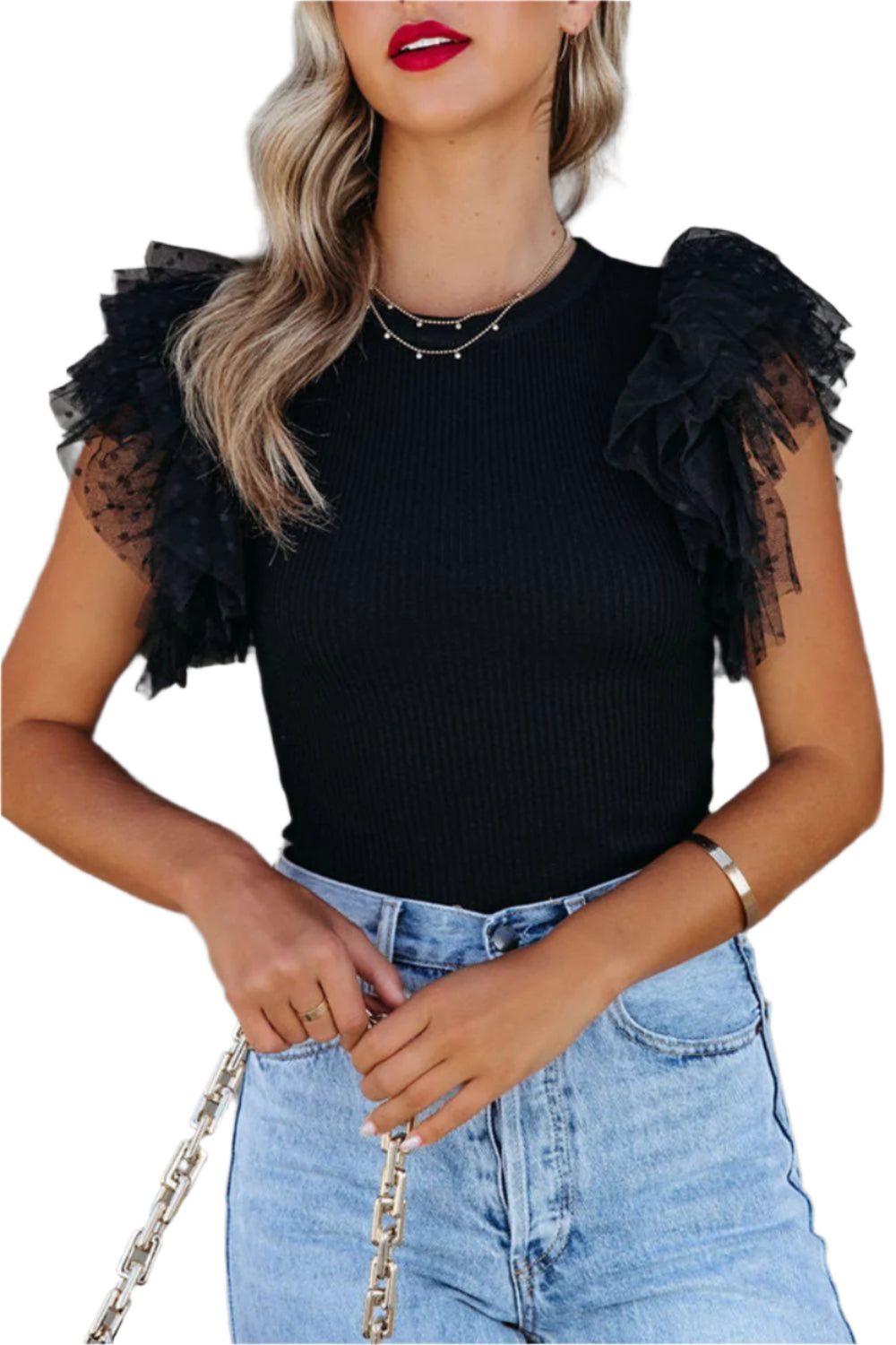 Ruffled Round Neck Cap Sleeve Blouse